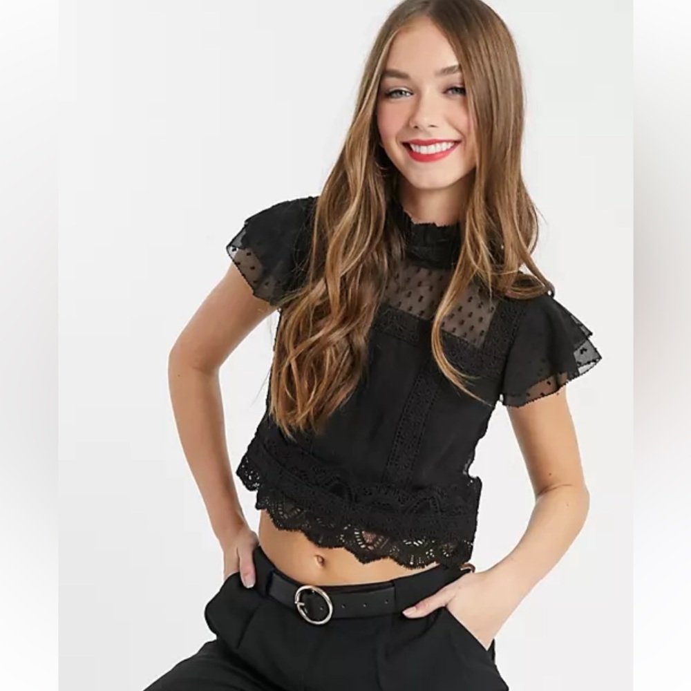 Black lace insert Victorian top semi cropped tie in the back